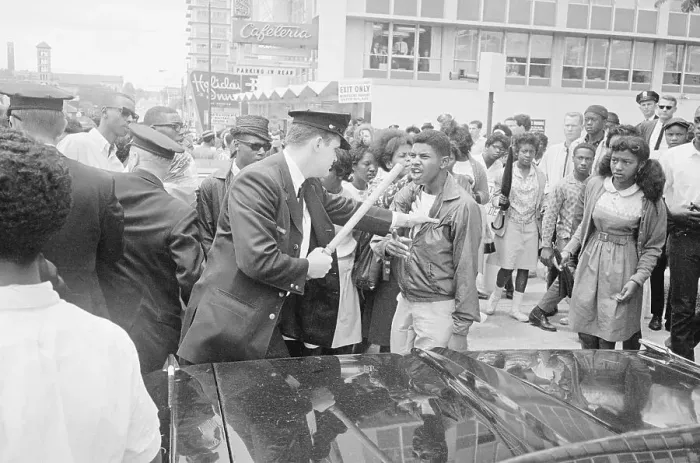 Framed Print : Policeman Threatening Demonstrator with Nightstick Framed Print : Policeman Threatening Demonstrator with Nightstick