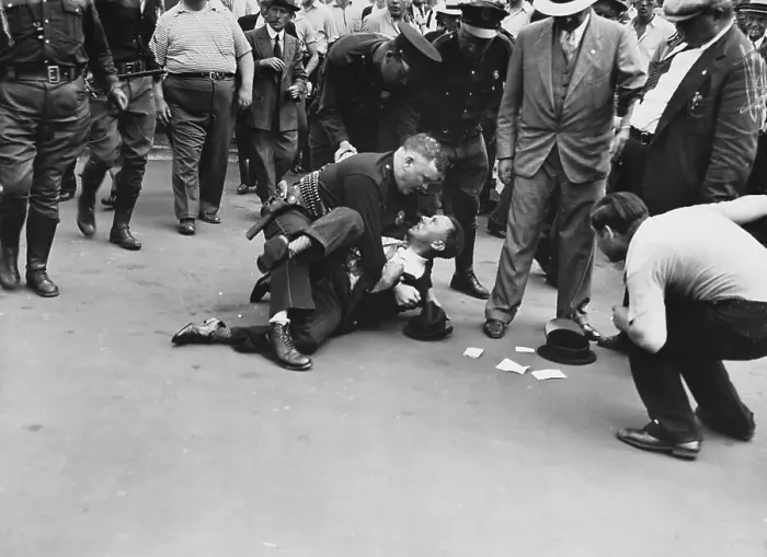 Framed Print : Policeman Wrestling with Striker Framed Print : Policeman Wrestling with Striker