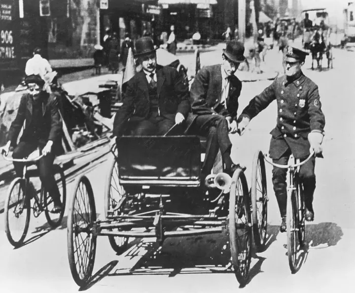 Framed Print : Policemen on Bicycles Escorting a Carriage Violator