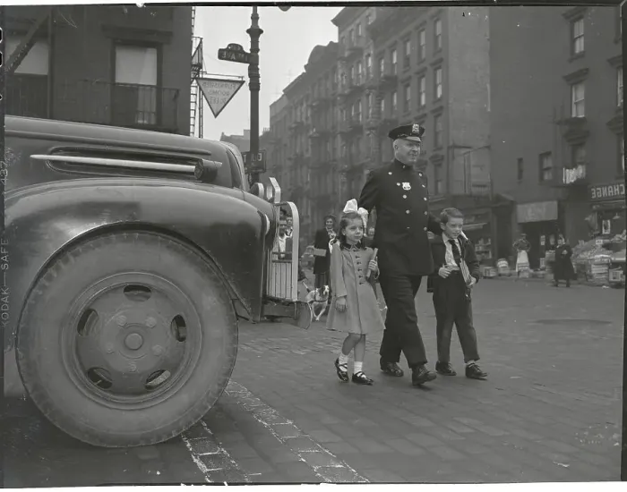 Framed Print : Policemen Escorting Children Across Street Framed Print : Policemen Escorting Children Across Street