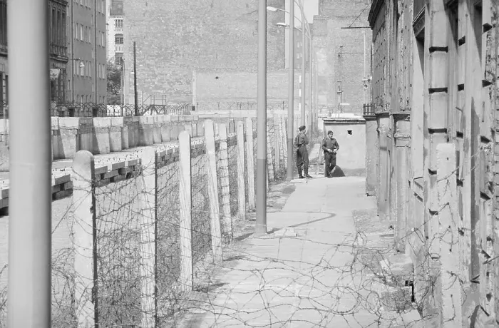 Framed Print : Policemen Guarding Section of Berlin Wall