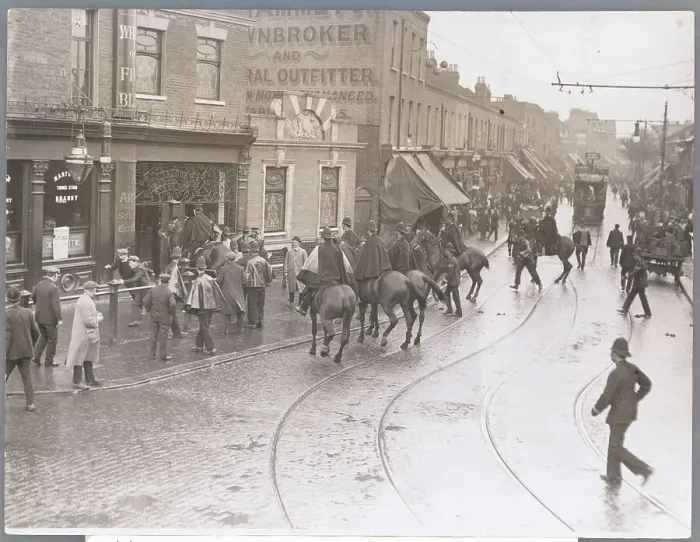 Framed Print : Policemen on Horses Monitoring Strike Scene Framed Print : Policemen on Horses Monitoring Strike Scene