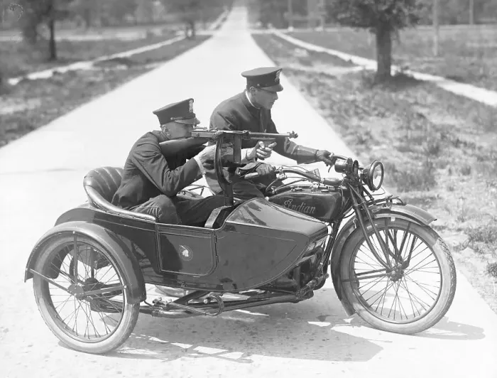 Framed Print : Policemen in Motorcycle Sidecar with Rifle Framed Print : Policemen in Motorcycle Sidecar with Rifle