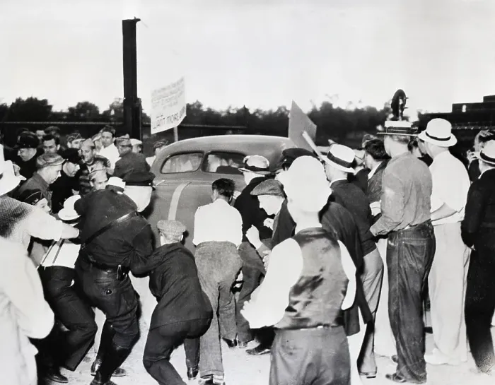 Framed Print : Policemen Tussle With Pickets Framed Print : Policemen Tussle With Pickets