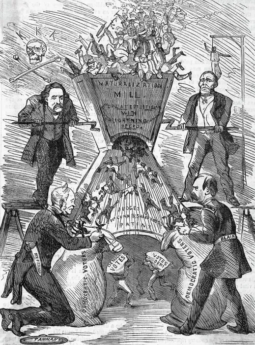 Framed Print : Political Cartoon Depicting Naturalization Mill Framed Print : Political Cartoon Depicting Naturalization Mill