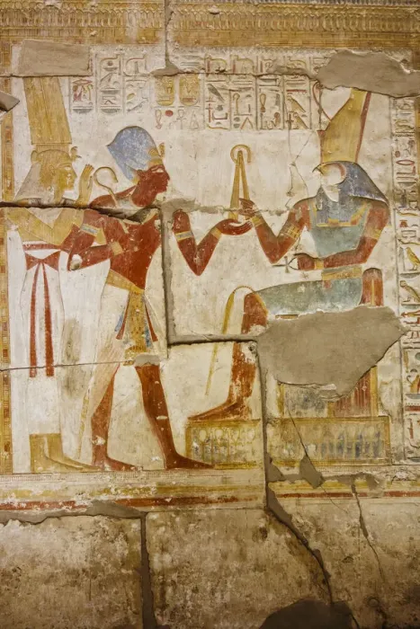Framed Print : Polychromatic hieroglyphic showing The god Horus and Pharaoh Seti I at Abydos Framed Print : Polychromatic hieroglyphic showing The god Horus and Pharaoh Seti I at Abydos