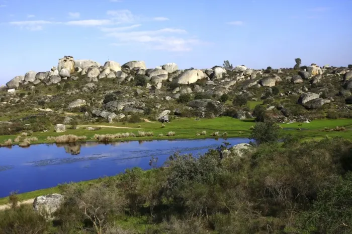Framed Print : Pond and granite rocks in the Los Barruecos Nature Monument, Extremadura, Spain, Europe