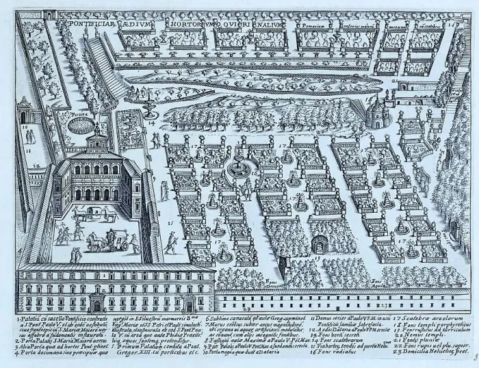Framed Print : Pontificiar Aedium Hortoriumque Quirinalium, Papal Building and Gardens on the Quirinal Hill, Historic Rome, Italy, digital reproduction of an original 17th century artwork, original date unknown Framed Print : Pontificiar Aedium Hortoriumque Quirinalium, Papal Building and Gardens on the Quirinal Hill, Historic Rome, Italy, digital reproduction of an original 17th century artwork, original date unknown