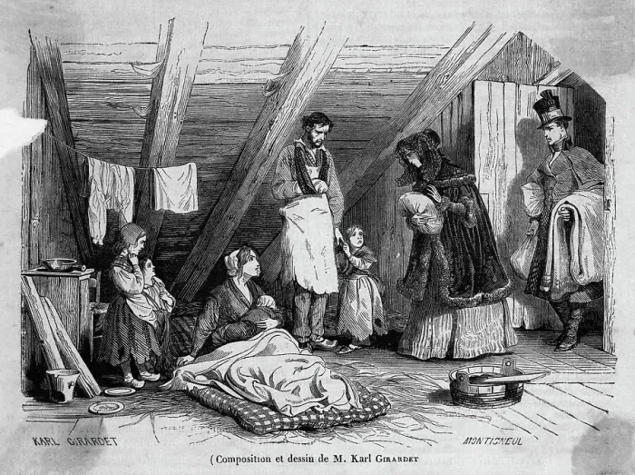 Framed Print : Poor Laborers Family Visited by Lady Framed Print : Poor Laborers Family Visited by Lady
