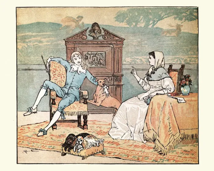 Framed Print : Poor young Squire and his mother, Nursery Rhyme, The Milkmaid Framed Print : Poor young Squire and his mother, Nursery Rhyme, The Milkmaid