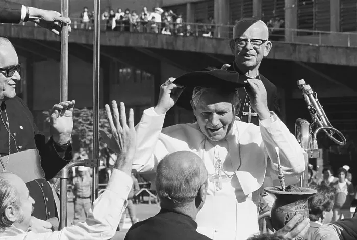 Framed Print : Pope John Paul II Tries On Hat Framed Print : Pope John Paul II Tries On Hat