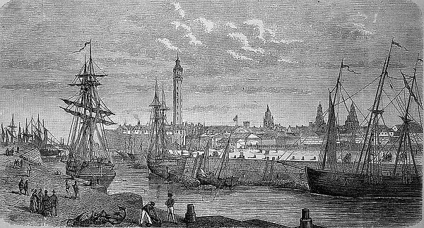 The Port of Calais, Hauts-de-France Region, France, in 1880, Historic, Digital Reproduction of an Original 19th century Artwork