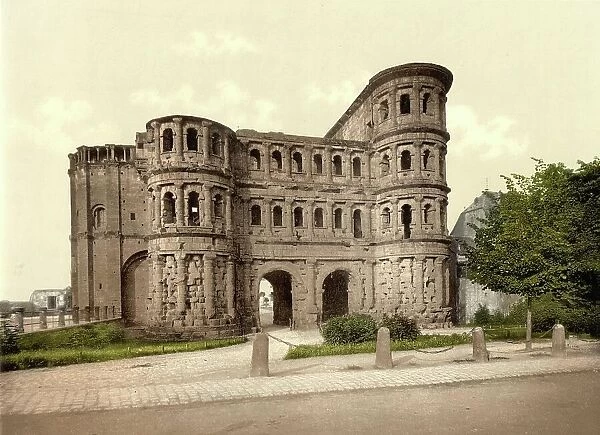 The Porta Nigra in Trier, Rhineland-Palatinate, Germany, Historic, digitally restored reproduction of a photochromic print from the 1890s