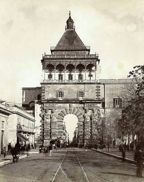 Porta Nuova in Palermo, c. 1893, Sicily, Italy, Historic, digitally restored reproduction from a 19th century original