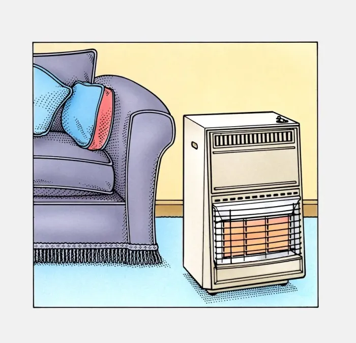 Framed Print : Portable gas fire heater next to a sofa Framed Print : Portable gas fire heater next to a sofa