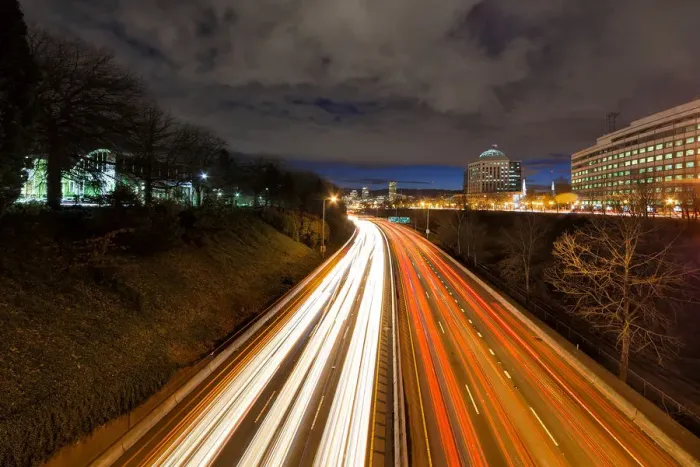 Framed Print : Portland Freeway Light Trails to Downtown Framed Print : Portland Freeway Light Trails to Downtown