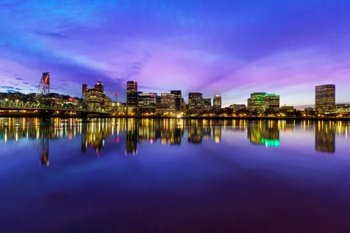 Framed Print : Portland Oegon skyline by Hawthorne Bridge at Twilight Framed Print : Portland Oegon skyline by Hawthorne Bridge at Twilight