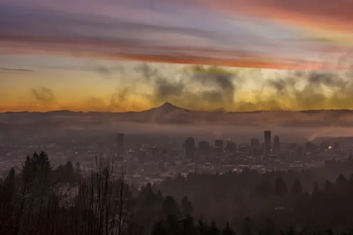 Framed Print : Portland Oregon Cityscape with Mount Hood at Dawn Framed Print : Portland Oregon Cityscape with Mount Hood at Dawn
