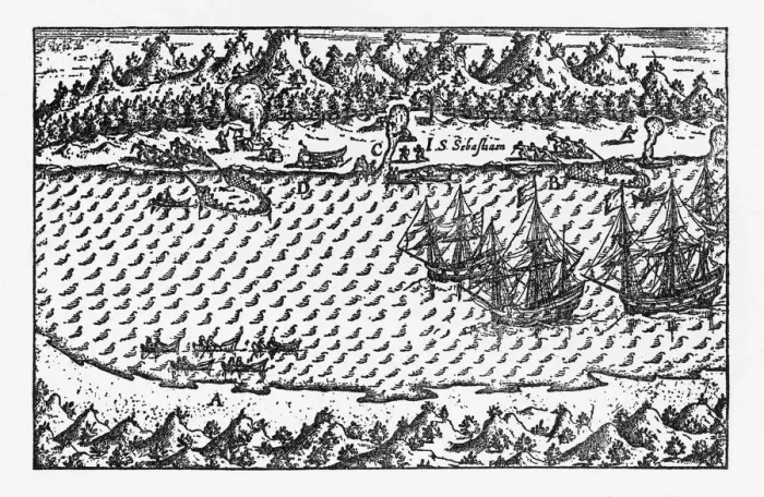 Framed Print : Porto Deseado Historical Map by Van Noort, Circa 1598 Framed Print : Porto Deseado Historical Map by Van Noort, Circa 1598