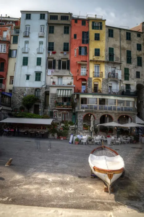 Framed Print : Portovenere marina old colourful houses and boat Framed Print : Portovenere marina old colourful houses and boat