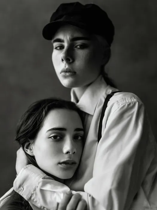 Framed Print : Portrait of two affectionate young women