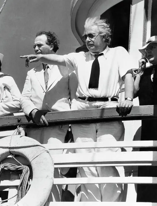 Framed Print : Portrait of Albert Einstein Pointing from Boat