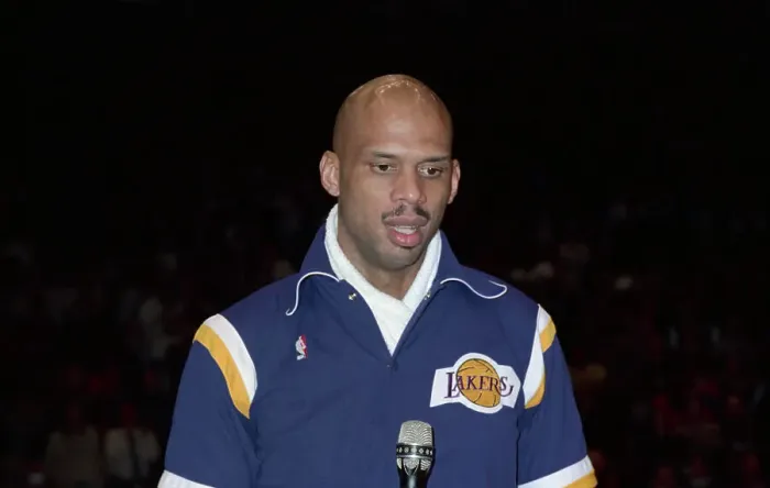 Framed Print : Portrait of Basketball Great Kareem Abdul Jabbar at Microphone