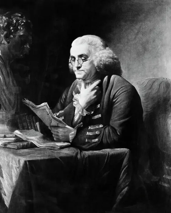 Framed Print : Portrait of Benjamin Franklin Reading at His Desk by David Martin Framed Print : Portrait of Benjamin Franklin Reading at His Desk by David Martin