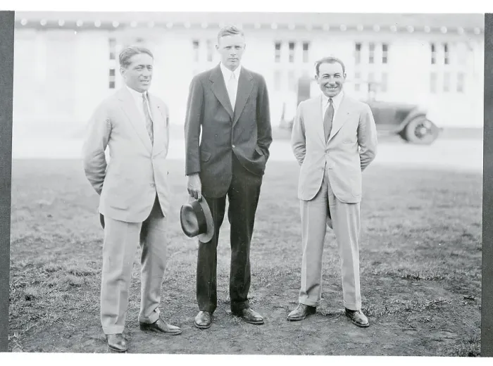 Framed Print : Portrait of Charles Lindbergh with French Aviators Framed Print : Portrait of Charles Lindbergh with French Aviators