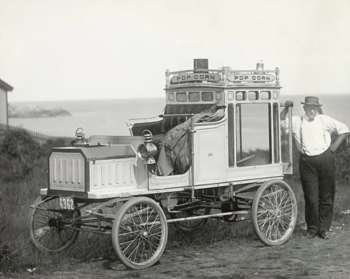 Framed Print : Portrait of Early Popcorn Vendor Next to His Automobile Framed Print : Portrait of Early Popcorn Vendor Next to His Automobile