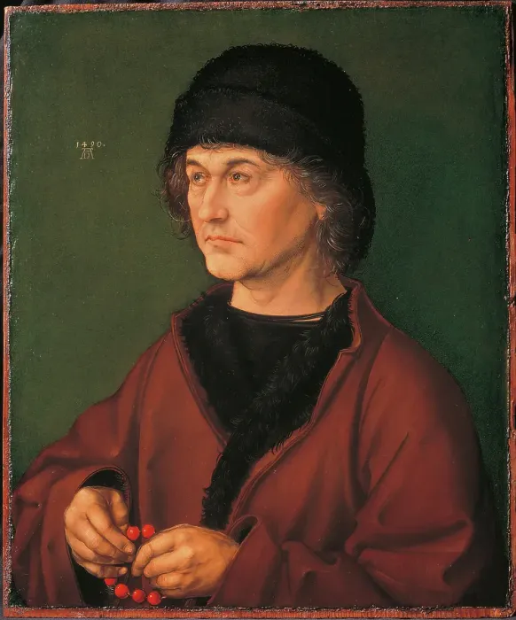 Framed Print : Portrait of his Father Albrecht the Elder with the Crown of Rosary, by Albrecht Drer, 1490, 15th Century, oil on panel, cm 47 x 39 Framed Print : Portrait of his Father Albrecht the Elder with the Crown of Rosary, by Albrecht Drer, 1490, 15th Century, oil on panel, cm 47 x 39