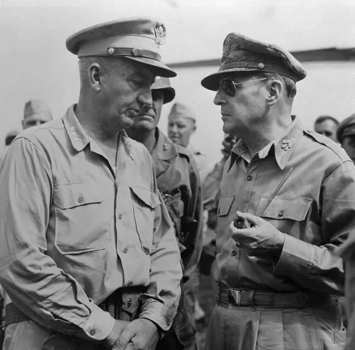 Framed Print : Portrait of Generals MacArthur and Eichelberger Having Conversation Framed Print : Portrait of Generals MacArthur and Eichelberger Having Conversation