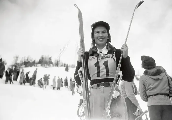 Framed Print : Portrait of Gretchen Frazer Holding Her Skis Framed Print : Portrait of Gretchen Frazer Holding Her Skis