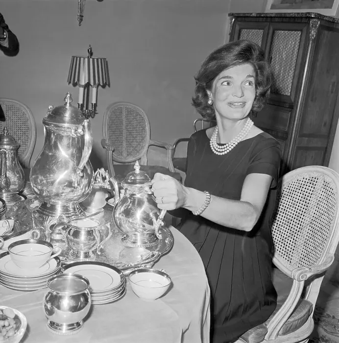 Framed Print : Portrait of Jackie Kennedy Pouring Tea Framed Print : Portrait of Jackie Kennedy Pouring Tea