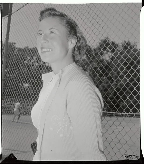 Framed Print : Portrait of Maureen Connolly Standing by Fence Framed Print : Portrait of Maureen Connolly Standing by Fence