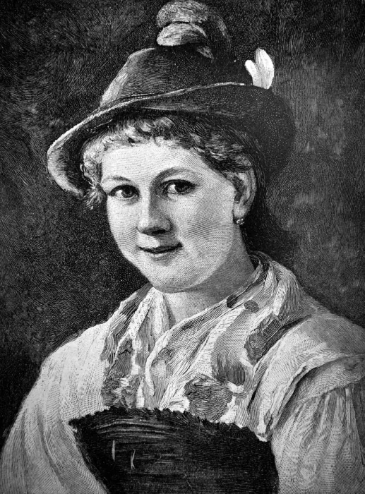 Framed Print : Portrait of a smiling Bavarian girl with funny hat -1896