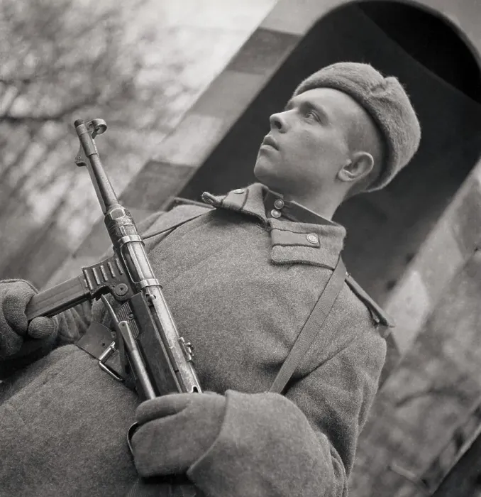 Framed Print : Portrait of Soldier Holding Gun