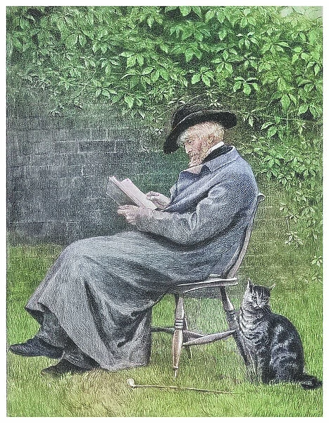 Portrait of Thomas Carlyle (Scottish historian, satirical writer, essayist, translator, philosopher, mathematician, and teacher) sitting on a chair in the garden with his cat