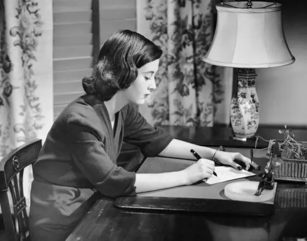 1950s American Woman Writing at Desk Print. Art Prints, Posters & Puzzles from Fine Art Storehouse
