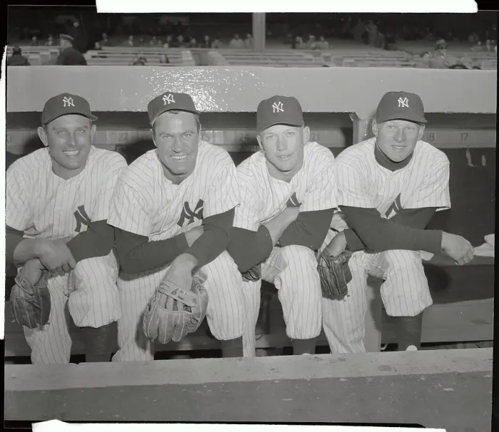 Framed Print : Portrait of Four Yankee Players Kneeling for Camera Framed Print : Portrait of Four Yankee Players Kneeling for Camera
