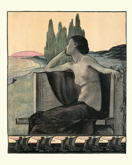Framed Print : Portrait of a Young woman looking out to sea, Jugendstil art Framed Print : Portrait of a Young woman looking out to sea, Jugendstil art