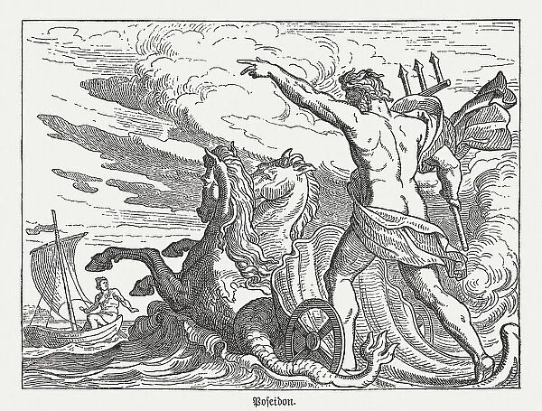 Poseidon, Greek mythology, wood engraving, published in 1880