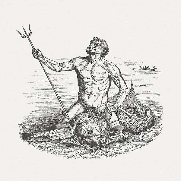 Poseidon (Neptun), Greek (Roman) mythology, wood engraving, published in 1885