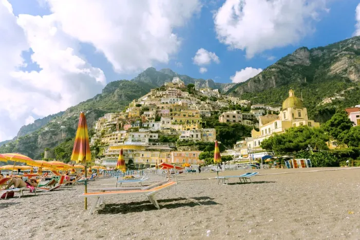 Framed Print : Positano beach scene and houses, Amalfi Coast Framed Print : Positano beach scene and houses, Amalfi Coast
