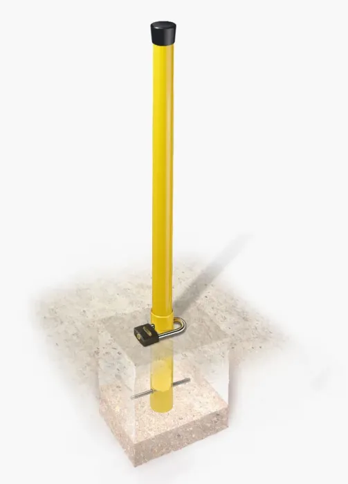Framed Print : Post in concrete bedding, secured with padlock Framed Print : Post in concrete bedding, secured with padlock