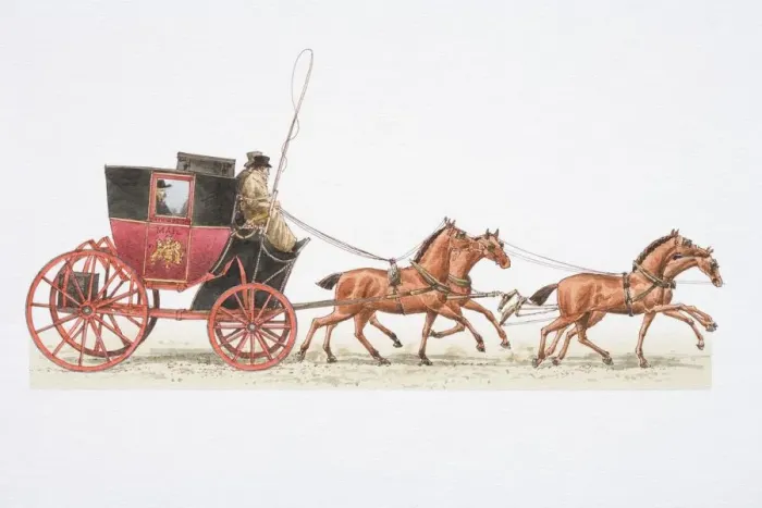Framed Print : Postboy driving 1784 mail coach drawn by four horses, side view Framed Print : Postboy driving 1784 mail coach drawn by four horses, side view