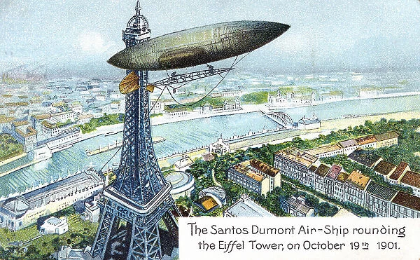 Postcard of Brazilian aviator Alberto Santos-Dumont's airship and Eiffel Tower