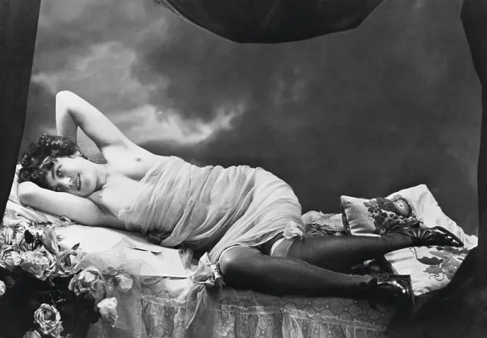 Framed Print : Postcard with Young Woman Lounging on Her Side Framed Print : Postcard with Young Woman Lounging on Her Side