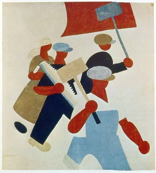 Poster depicting marching protestors during Russian Revolution