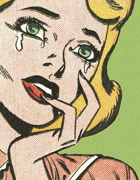 Poster in half tone of a cartoon blonde woman crying